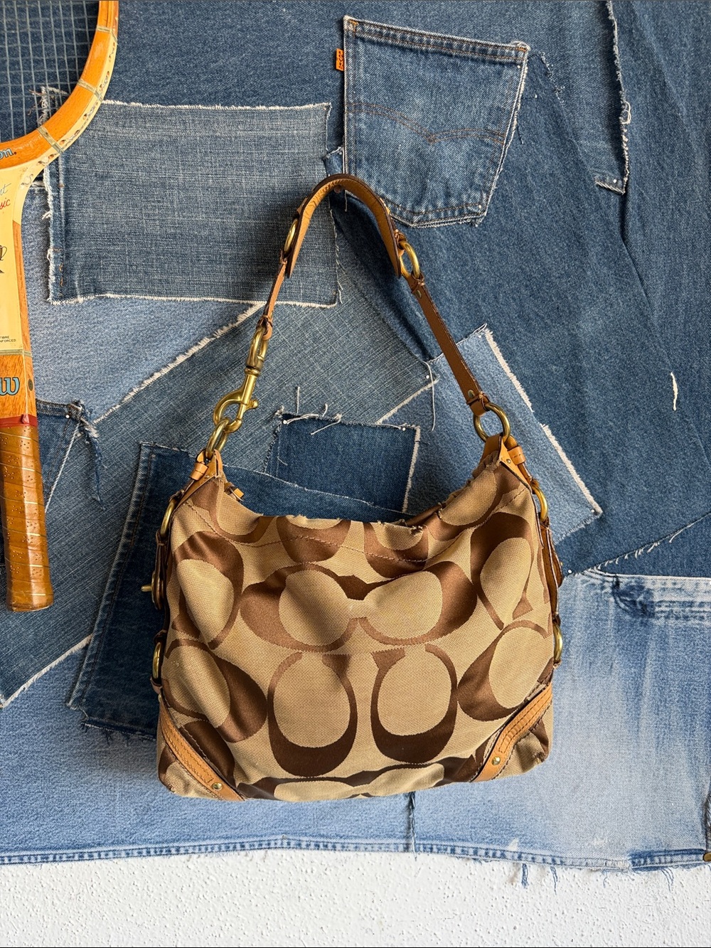 Coach Tan and Brown Signature Canvas Shoulder Bag